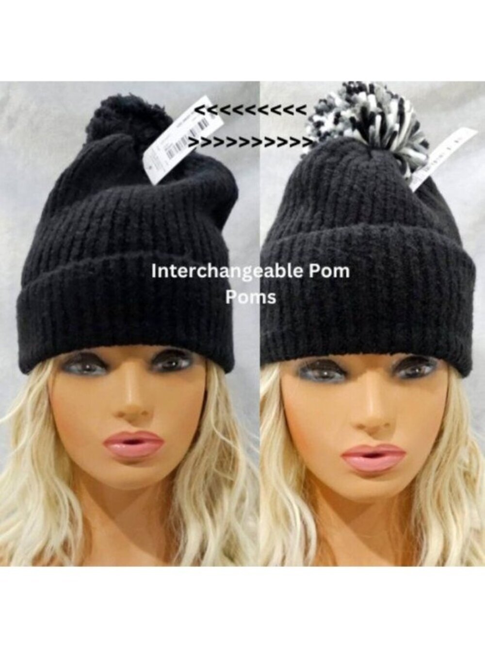 Detachable or Interchangeable Two Pom Beanie Cuffed Winter Knit Hat in Black